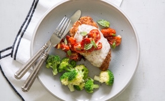 Chicken Parmigiana with Roasted Tomato Sauce and Broccoli