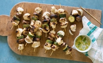 Grilled Chicken Kabobs with Asparagus, and Tomato Toss