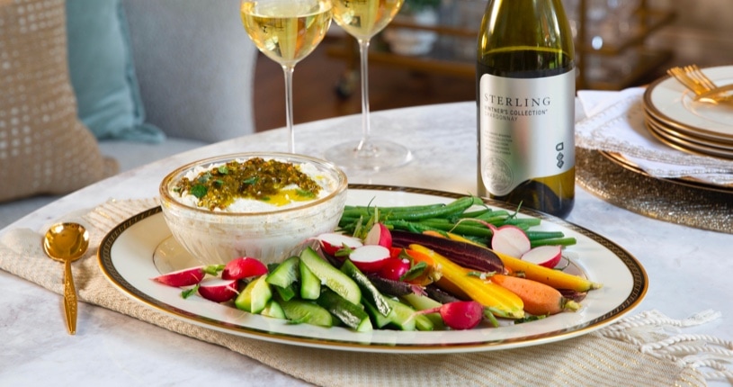 Whipped Feta Dip with Pistachio-Mint Pesto and Vegetables